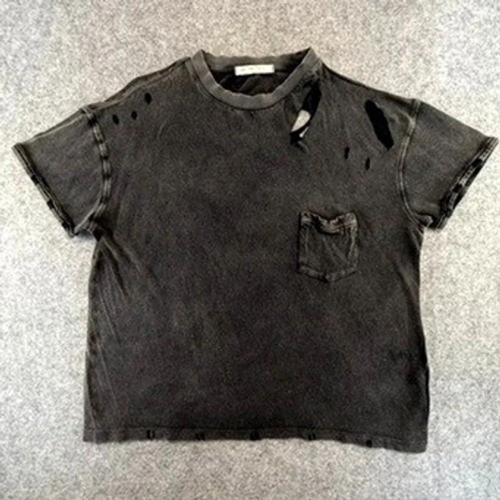 We The Free Free People Distressed Pocket T-Shirt Faded Black XS Grunge